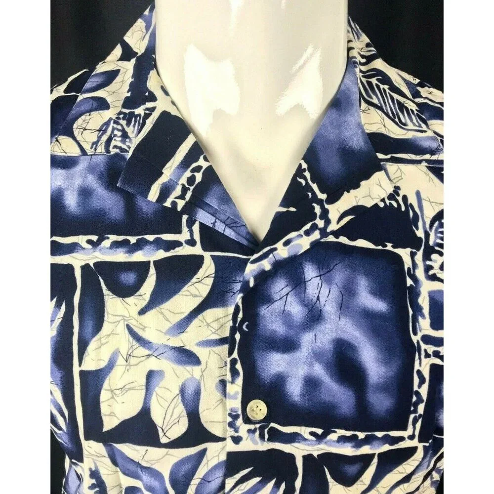 Cintas Hawaiian Aloha Shirt Mens Medium Tapa Print Navy White Luau